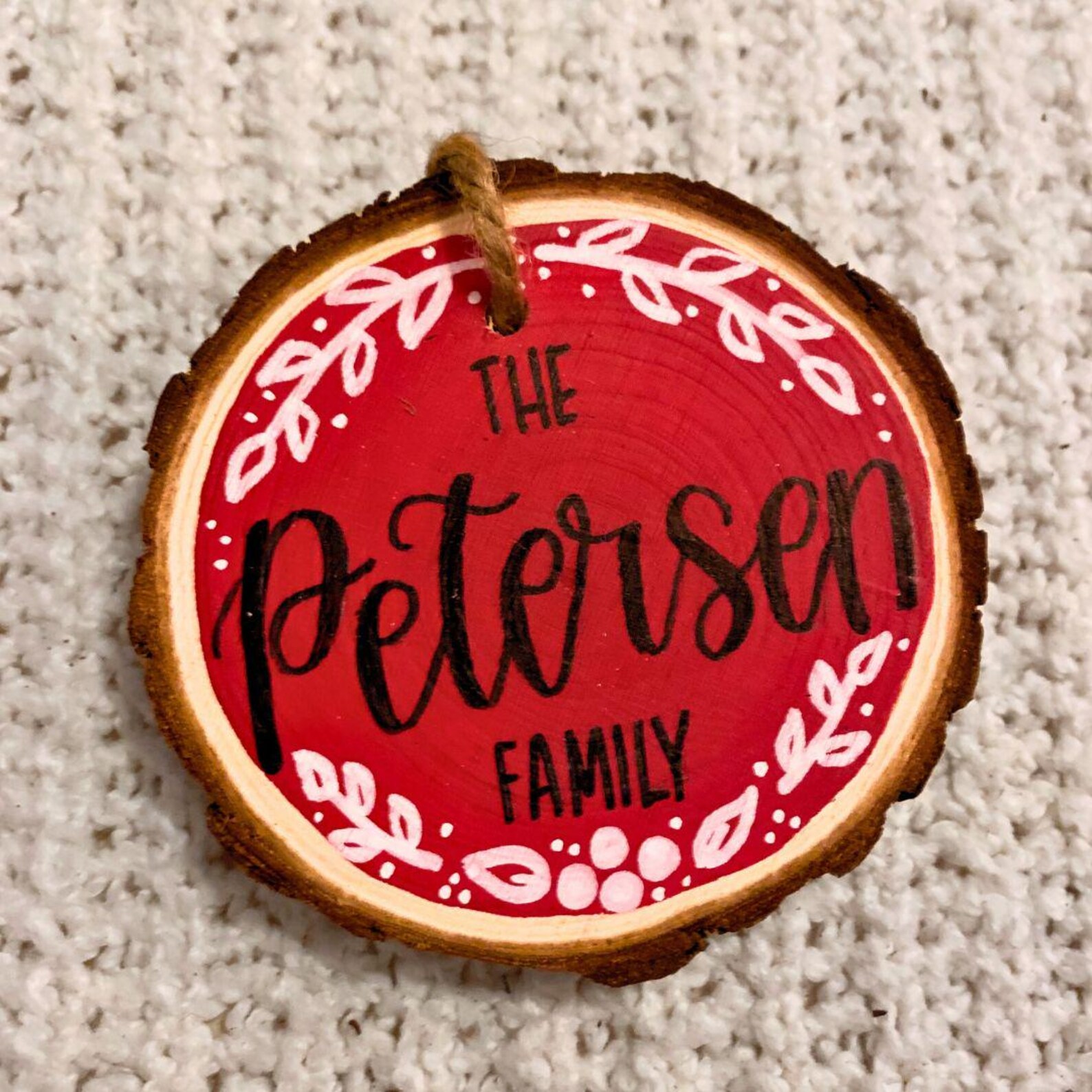 Custom Calligraphy Family Name Wooden Birch Ornament With Twine