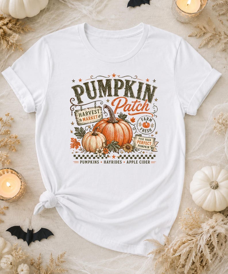 May include: A white short-sleeve t-shirt featuring a graphic print of two orange pumpkins, autumn leaves, and text that reads PUMPKIN Patch, HARVEST MARKET, FARM FRESH, PICK YOUR PERFECT PUMPKIN, PUMPKINS, HAYRIDES, and APPLE CIDER with a checkered border.