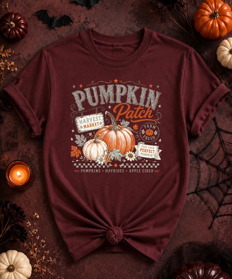 May include: A maroon short-sleeve t-shirt featuring a graphic print with the text PUMPKIN PATCH, HARVEST MARKET, FARM FRESH, and PICK YOUR PERFECT PUMPKIN. The design includes illustrations of pumpkins, leaves, and the words PUMPKINS, HAYRIDES, APPLE CIDER.