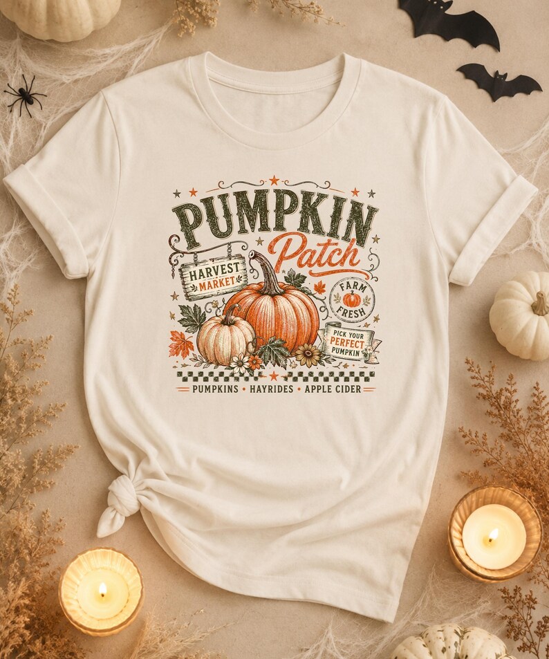May include: A cream-colored t-shirt featuring a graphic print of two orange pumpkins with the text PUMPKIN PATCH, HARVEST MARKET, FARM FRESH, PICK YOUR PERFECT PUMPKIN, PUMPKINS, HAYRIDES, and APPLE CIDER, accented with autumn leaves and flowers.