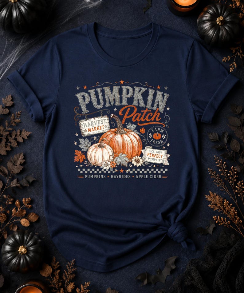 May include: A navy blue t-shirt featuring a graphic print with the text PUMPKIN PATCH, HARVEST MARKET, FARM FRESH, and PICK YOUR PERFECT PUMPKIN. The design includes illustrations of two pumpkins, autumn leaves, flowers, and the words PUMPKINS, HAYRIDES, APPLE CIDER.