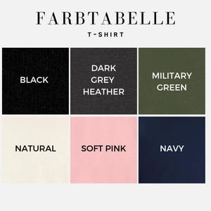 May include: A color chart for t-shirts titled FARBTABELLE T-SHIRT, displaying six fabric swatches labeled Black, Dark Grey Heather, Military Green, Natural, Soft Pink, and Navy. The grid layout presents these distinct color options clearly.