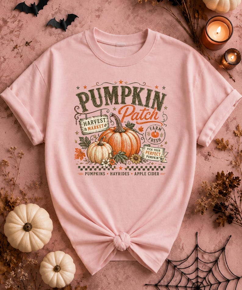 May include: A light pink t-shirt featuring a graphic print with the text PUMPKIN PATCH, HARVEST MARKET, FARM FRESH, PICK YOUR PERFECT PUMPKIN, and PUMPKINS HAYRIDES APPLE CIDER. The design includes illustrations of orange and white pumpkins.