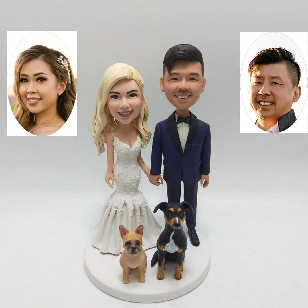 Custom Couple Bobblehead Wedding Cake Topper Bride Groom With Dog ...
