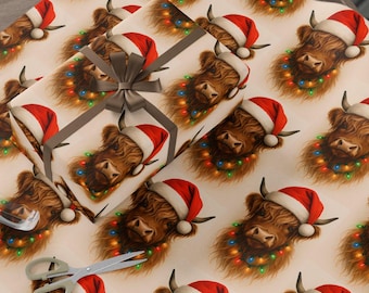 Hooglandkoe kerstcadeaupapier, kerstmuts koeien, fonkelende lichtjes, Moo-rry & Bright Highland Cow kerstcadeaupapier