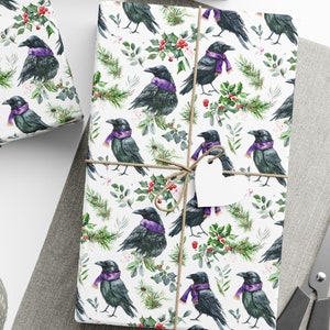 Whimsical Black Crows Christmas Gift Wrap,  Elegant Watercolor Black Crow Christmas Gift Wrap, Black Crow Design with festive greenery