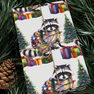 Festive Mischief Raccoon Christmas Wrapping Paper, Cute Watercolor Raccoon Holiday Gift Wrapping Roll, Raccoon Wrapping Sheets