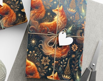 May include: Gift-wrapped presents with a whimsical fox design. The wrapping paper features a dark blue background with orange foxes, flowers, and stars. Each package is tied with twine and a white tag. A ball of twine and scissors are also present.
