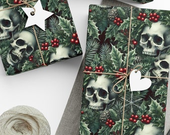 Skull Christmas Wrapping Paper Roll, Gothic Holly Gift Wrap, Alternative Christmas Paper, Gothic Skull Gift Wrap Papers, Creepmas Wrapping