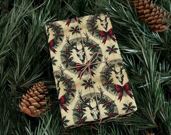 Vintage Goth Stag's Head Wrapping Paper, Spooky Christmas Wrap Roll, Gothmas Decorations, Goth Gift, Gothic Creepmas Yule Spooky Wrap Paper