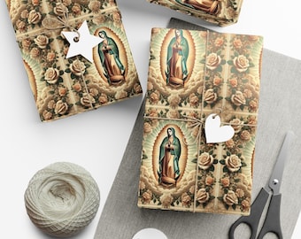 Papier cadeau Notre-Dame de Guadalupe, papier cadeau La Guadalupana, papier cadeau à thème religieux, papier cadeau floral vintage