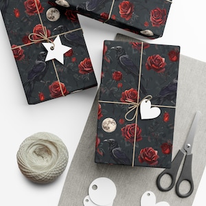 Medieval Gothic Black Crow Wrapping Paper, Crows & Roses Gift Wrap, Goth Aesthetic, Halloween Gift Wrap, Premium paper, Wrapping Paper Rolls