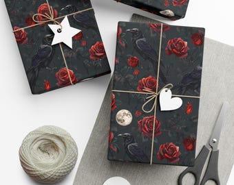 Medieval Gothic Black Crow Wrapping Paper, Crows & Roses Gift Wrap, Goth Aesthetic, Halloween Gift Wrap, Premium paper, Wrapping Paper Rolls