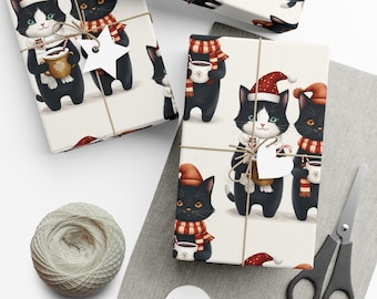 Papel de regalo navideño con diseño de gato, papel de regalo navideño con motivos felinos, papel de regalo para amantes de las mascotas, acogedor para amantes del café.
