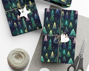 ネオンツリークリスマスラッピングペーパー、ネオンクリスマスツリーギフトラップペーパーロール、クリスマスツリーとライトが点灯するように見える、プレミアムギフトラップ