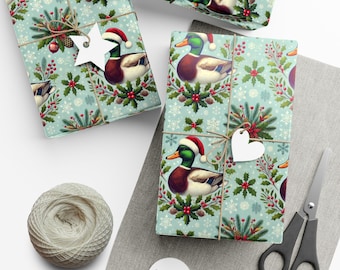 Mallard Duck Gift Wrap, Duck Hunting Gift Wrapping Roll, Christmas Duck in Santa Hat Gift Wrapping Paper Roll For Men, Boyfriend, Husband