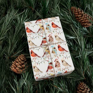 Cardeal em chapéus de Papai Noel Papel de embrulho para presente de Natal caprichoso, embrulho festivo, papel de embrulho de Natal, cartão, aniversário, celebração