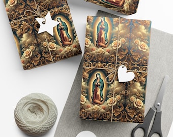 Papier cadeau La Guadalupana, Notre-Dame de Guadalupe, papier cadeau catholique, motif floral baroque, emballage de vacances, papier festif, religieux