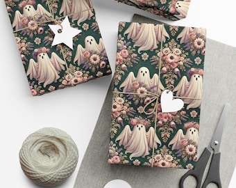 Floral Ghost Gift Wrap Paper for Halloween, Ghosts Wrapping Paper, Halloween Christmas Gift Wrap, Cute Ghost Present Paper