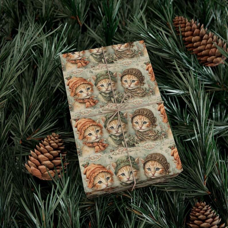 Vintage Cat Toile Christmas Gift Wrap Papers, Vintage (Made to Order)Adorable Wrapping Paper, Holiday Wrapping, Party Supplies