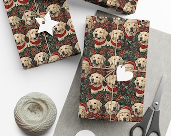 Papel de regalo navideño con diseño de Golden Retriever, ideal para amantes de los perros o para quienes acaban de adoptar un cachorro. Decoración festiva con astas de reno. Papel de regalo ilustrado.