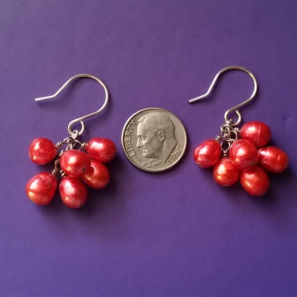 Cranberry Cluster Pearl Earrings, Freshwater Cultured Pearls, Hand-Wrought Sterling Silver Ear Wires, 1 1/2" Long