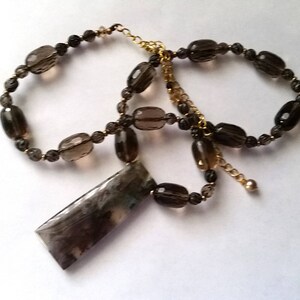 Moss Agate Pendant, Smoky Quartz Necklace, Swarovski Crystals, 23&quot; Long