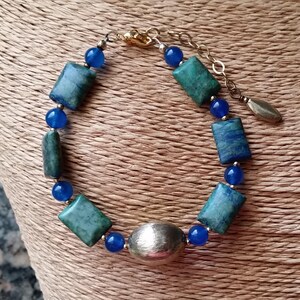 Chrysocolla & Blueberry Jade Bracelet, Brushed Gold 24k, 7&quot; to 8.5&quot;