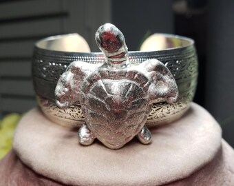 Whimsical Sea Turtle Pewter Cuff Silver Bracelet Jewelry, Gift for Women and Girls, Great Christmas Gift