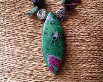 Ruby-in-Zoisite Necklace: Handmade Crystal Pendant, Silk Cord