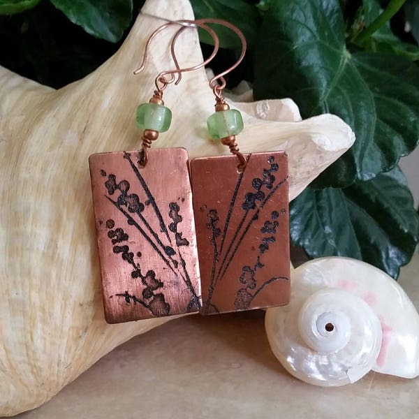 Acid-Etched Copper, Willow Solid Copper Earrings, Green Vintage Bubble Glass