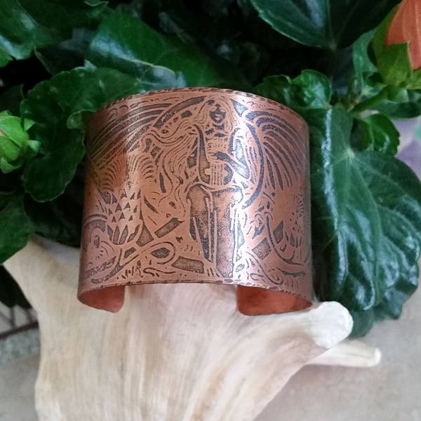 Solid Copper Cuff Bracelet, Acid-Etched, Goddess Bracelet, Celtic, Oxidized, Mirror Finish, Fits Any Wrist