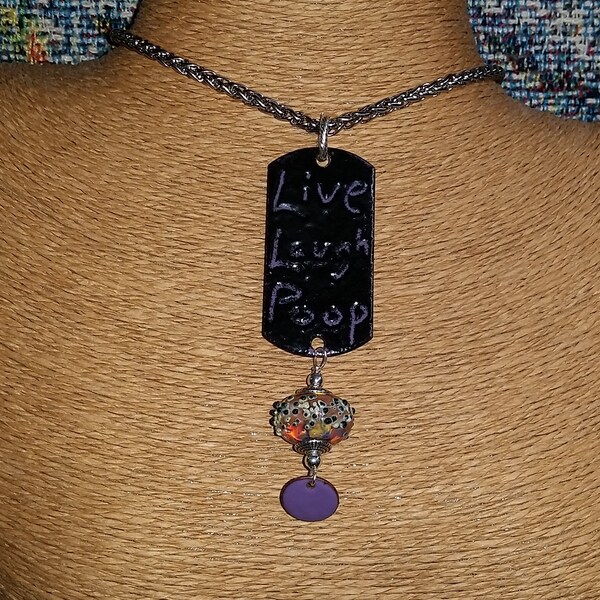 Sgraffito Torch-Fired Enamel Necklace,  Black and Mauve Pink Enamel, Lampwork Dangle, Stainless Steel Chain
