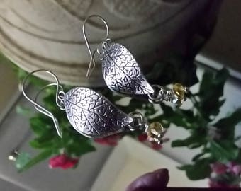 Silver Leaf Earrings, Lemon Swarovski Wire-Wrapped Crystal, Pierced Earrings