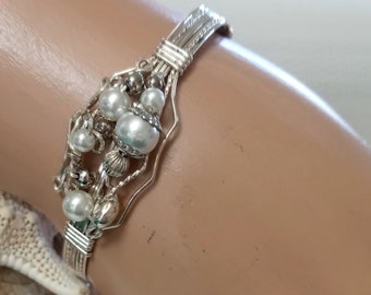 Sterling Silver and Faux Pearl OOAK Bangle Cuff Bracelet