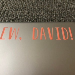 May include: A silver laptop with a pink sticker that says "EW, DAVID!"