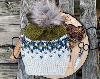 Handmade Merino/ Wool Blend  Women’s Knitted Hat with Luxury 6” Pom