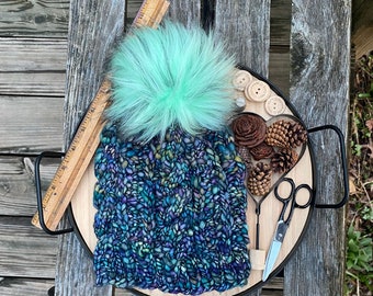 Handmade Merino Wool Women’s Knitted Hat with Luxury 6” Pom