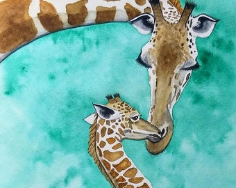 8x10 Art print Baby Giraffe with Mama standing