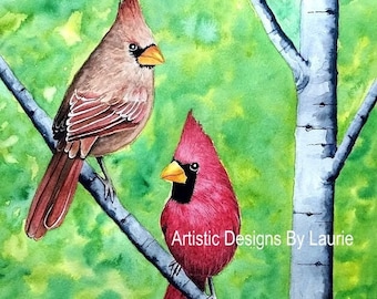 Cardinals Art Print from original watercolor with white mat size 8x10