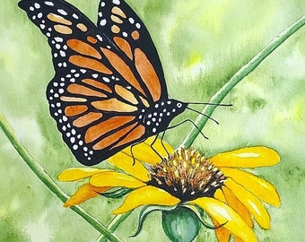 Butterfly on Flower Art Print, Monarch butterfly on flower watercolor print