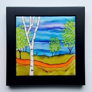 Alcohol Ink Painting Ceramic Tile Landscape with Frame size 8x8 image 1