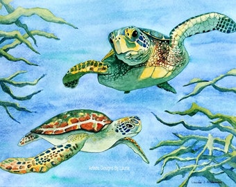 8x10 Art print Sea Turtles Loggerhead, ocean turtles