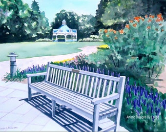 8x10 Art Print Bench & Gazebo Mill Creek Park Youngstown Ohio watercolor reproduction with mat