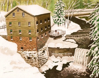 8x10 Art Print Lanterman's Falls Old Mill in winter Youngstown Ohio with mat