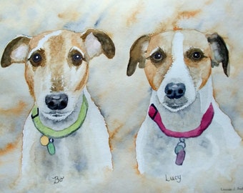 11x14 Pet Portrait Watercolor Custom Original Art Painting for 2 pets