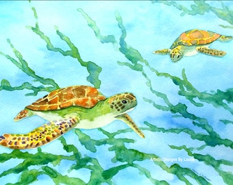 8x10 Art print Sea Turtles Loggerhead, turtles swimming in ocean