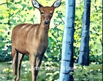 Deer Art Print watercolor reproduction with mat size 8x10