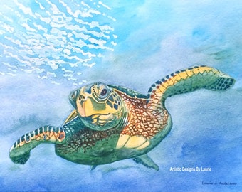 8x10 Art print Sea Turtle Loggerhead, turtle swimming in ocean