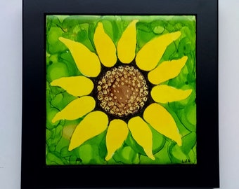 Alcohol Ink Painting on Ceramic Tile Sunflower with Frame size 8x8